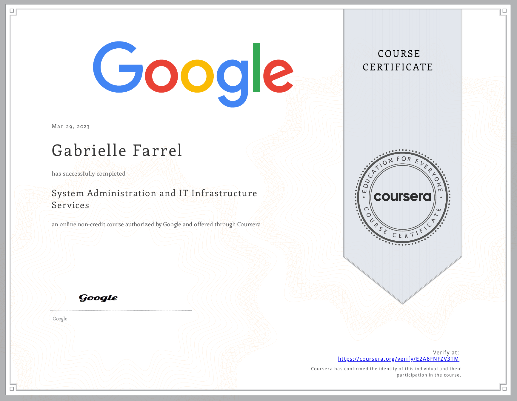 Coursera System Administration and IT Infrastructure Services certificate